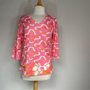 Whimsy Rose Peach Pink Mod Print V Neck 3/4 Sleeve Lightweight Shirt Size Large